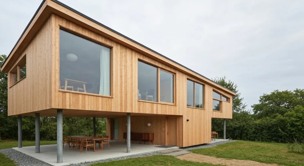 O casă modernă, construită din lemn masiv, ridicată pe piloți, cu ferestre mari și un design minimalist.