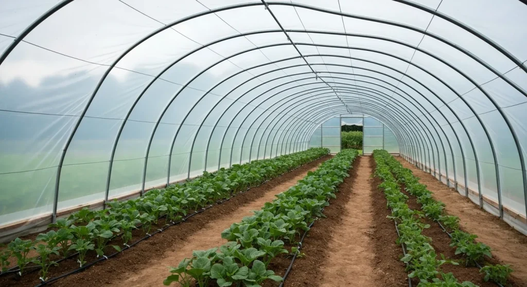 Un tunel înalt din plastic transparent peste culturi care cresc în pământ.