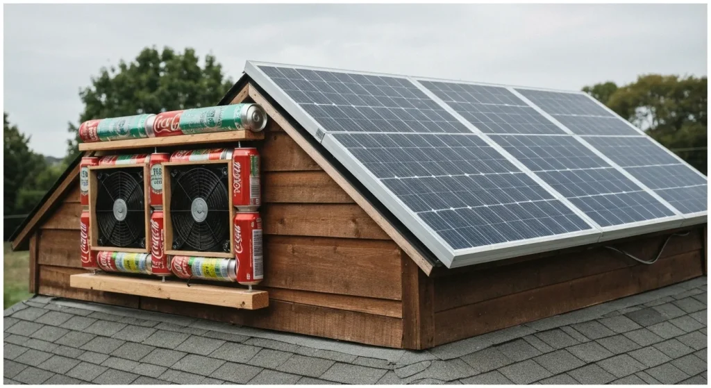 Un încălzitor solar rudimentar construit din doze de suc, ventilatoare și panouri solare, montat pe un acoperiș.