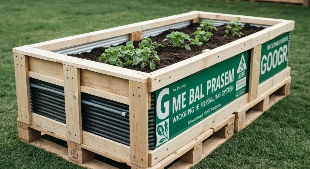 Un strat de grădină ridicat construit din paleți reciclați, panouri de plastic ondulat și sticlă spartă, cu un sistem de udare prin fitil.