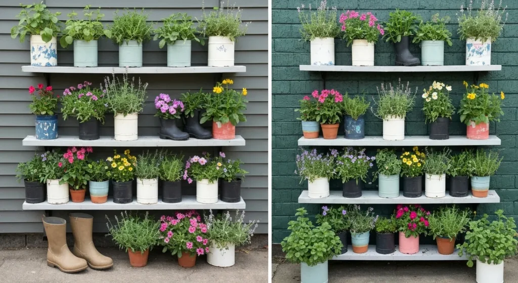 Grădină verticală în containere de diverse mărimi și forme, cu plante cu flori colorate și ierburi aromatice.