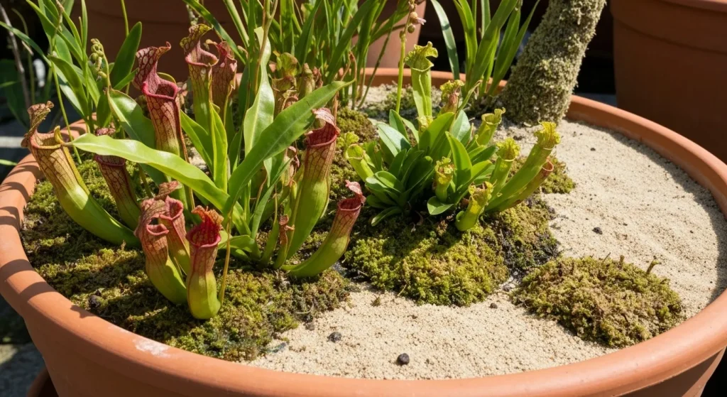 O grădină de mlaștină în ghiveci, cu plante carnivore, orhidee și mușchi, amplasată într-un loc însorit.