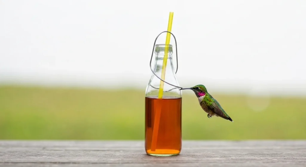 Hrănitoare simplă pentru colibri făcută dintr-o sticlă, un pai și un umeraș de sârmă, agățată de un suport.