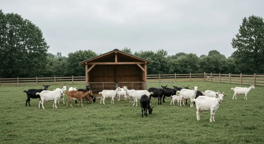 Capre într-un țarc împrejmuit, cu un adăpost simplu din lemn în fundal.