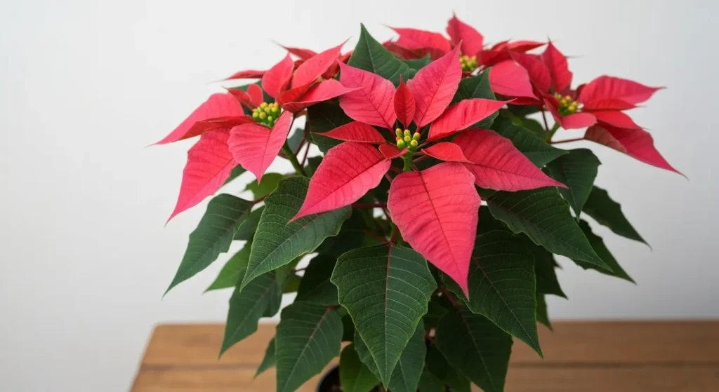 O plantă de crăciuniță sănătoasă, cu bractee colorate și frunze verzi luxuriante, într-un ghiveci.