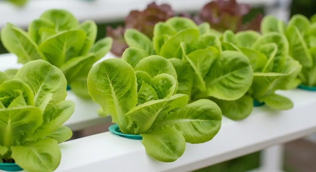O plantă de salată hidroponică sănătoasă, cu frunze verzi și rădăcini în apă nutritivă.