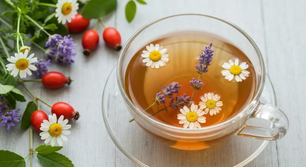 O ceașcă de ceai verde preparat din frunze de Camellia sinensis, cu câteva flori adăugate.