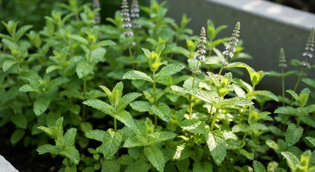 Plante de mentă verzi, sănătoase, plantate într-un rând, cu câteva picături de apă pe frunze.
