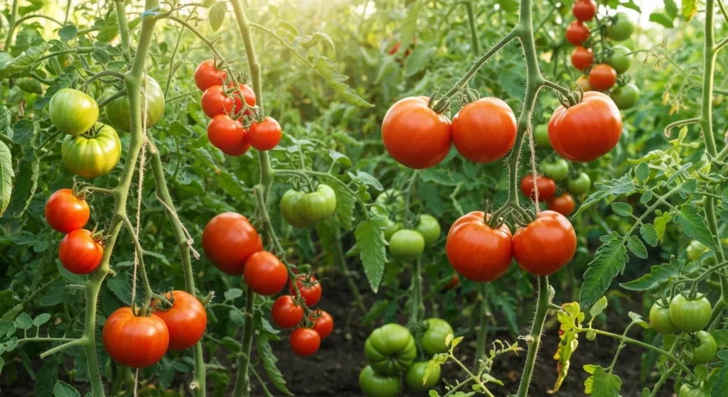 O grădină bogată cu plante de roșii sănătoase, producând roșii de diferite dimensiuni și culori.