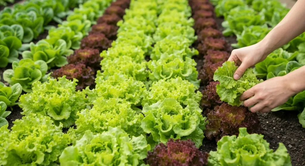 Un strat de grădină cu rânduri de salată de diferite soiuri, unele frunze fiind recoltate, altele în creștere.