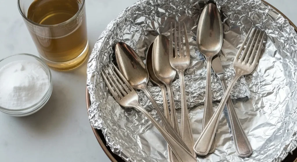 Tacâmuri din argint pătat înmuiate într-un vas căptușit cu folie de aluminiu, acoperite cu apă, bicarbonat de sodiu și sare.