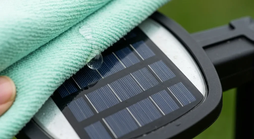 Curățarea unor lămpi solare exterioare cu o cârpă moale și detergent ecologic.