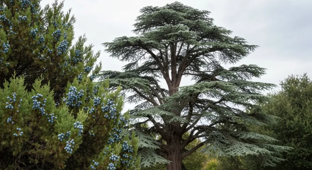 Un cedru înalt cu frunziș în formă de evantai, lângă un ienupăr mai mic cu conuri asemănătoare fructelor de pădure.