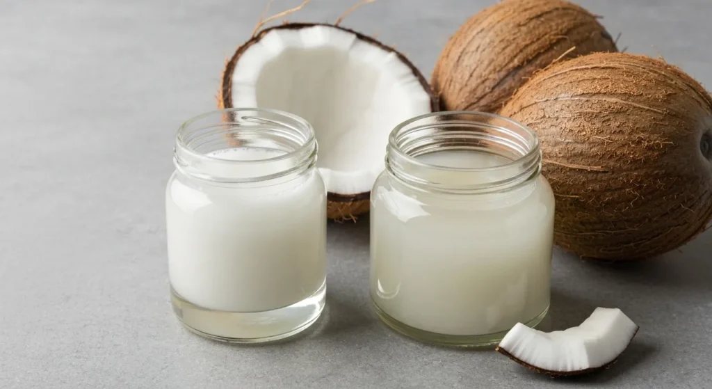 Două recipiente cu ulei de cocos, unul nerafinat și unul rafinat, alături de nuci de cocos întregi.