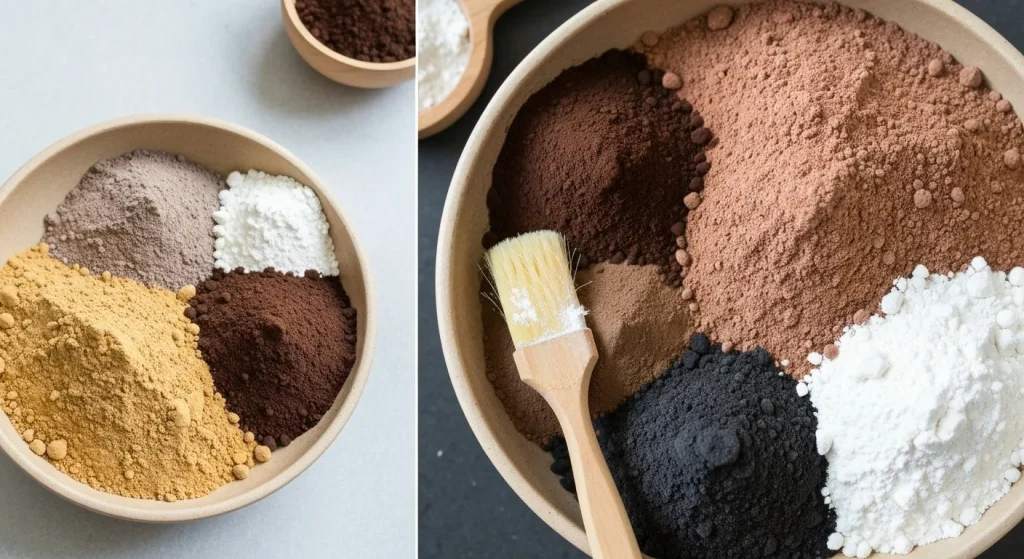 Un bol cu pudră de săgeată, cacao, cărbune activ, argilă și bicarbonat de sodiu, ingrediente pentru un șampon uscat de casă.