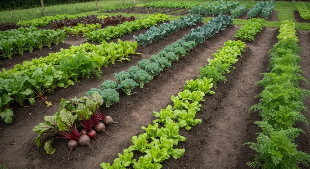 O fermă mică, organică, cu diverse culturi de legume cultivate manual cu ajutorul uneltelor simple.