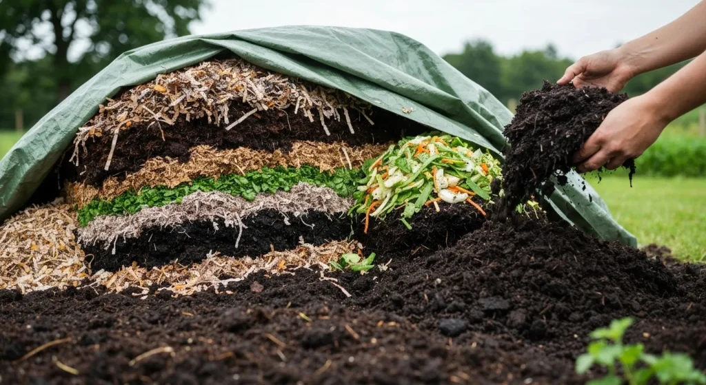 Grămadă de compost în straturi, cu materiale maronii și verzi, parțial acoperită cu o prelată.
