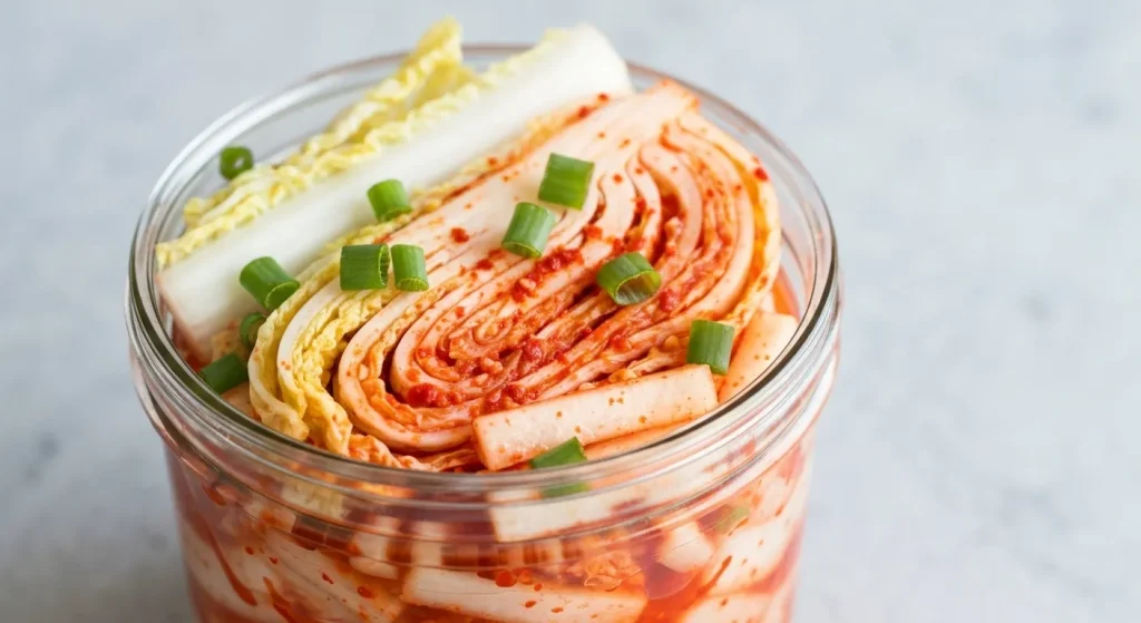 Un borcan de kimchi de casă, cu varză napa, ridichi daikon, ceapă verde și fulgi de ardei roșu.