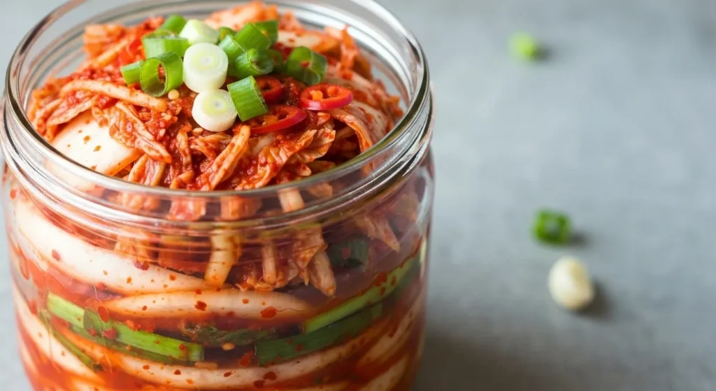 Un borcan de sticlă conține kimchi, varză fermentată cu diverse legume, condimente și ardei roșu.