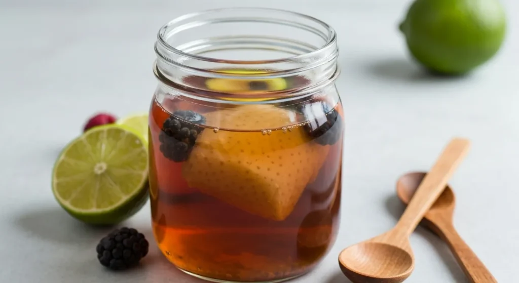 Un borcan de sticlă conține un SCOBY în ceai, cu fructe proaspete și o lingură de lemn lângă el.