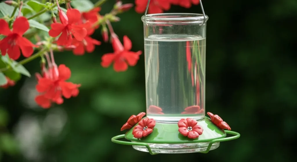 Un borcan cu apă și zahăr organic amestecat, pregătit pentru a fi turnat într-o hrănitoare pentru colibri.