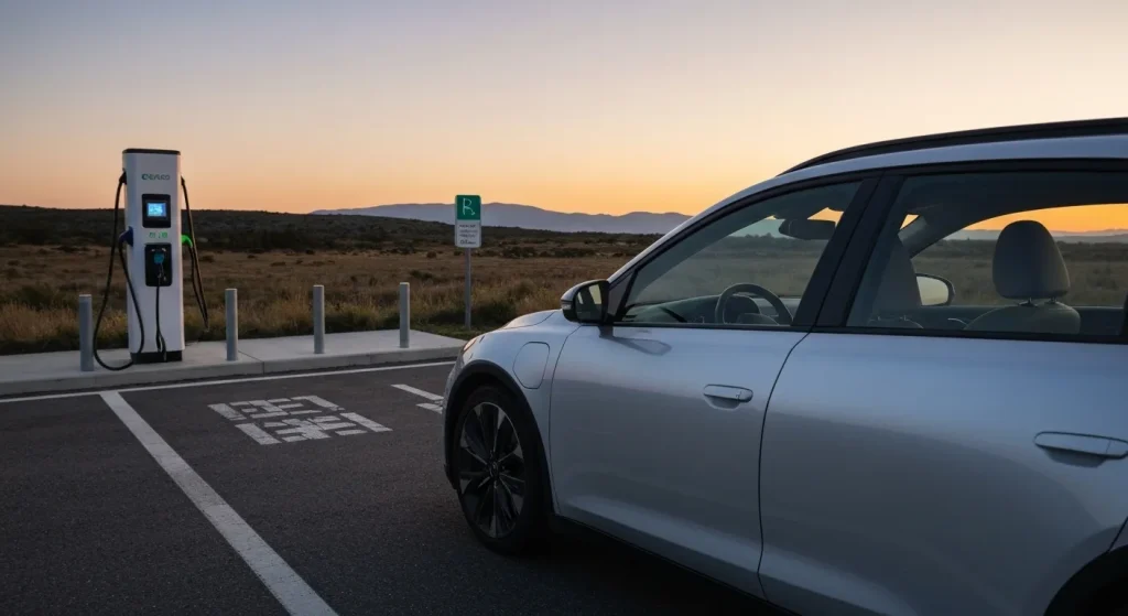 O mașină electrică parcată lângă o stație de încărcare într-un peisaj pitoresc, cu soarele apunând.