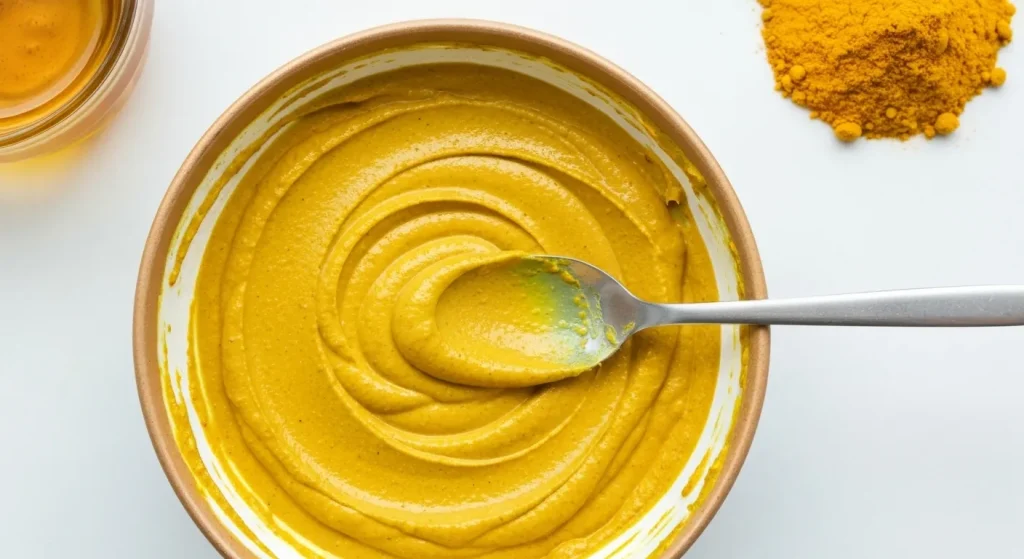 Un bol conține o pastă galbenă groasă făcută din turmeric, miere, lapte de cocos și oțet de mere.