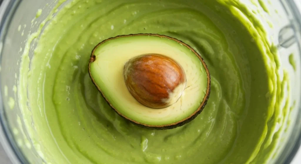 O mască de păr verde cremoasă din avocado copt, miere și ulei de măsline, pregătită într-un blender.