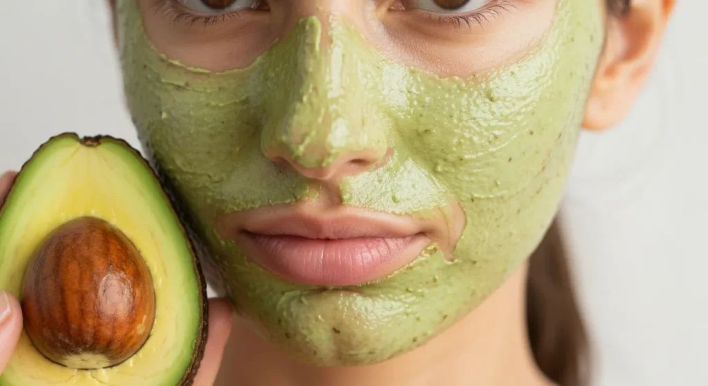 O mască facială cremoasă din avocado și miere, aplicată pe o față.