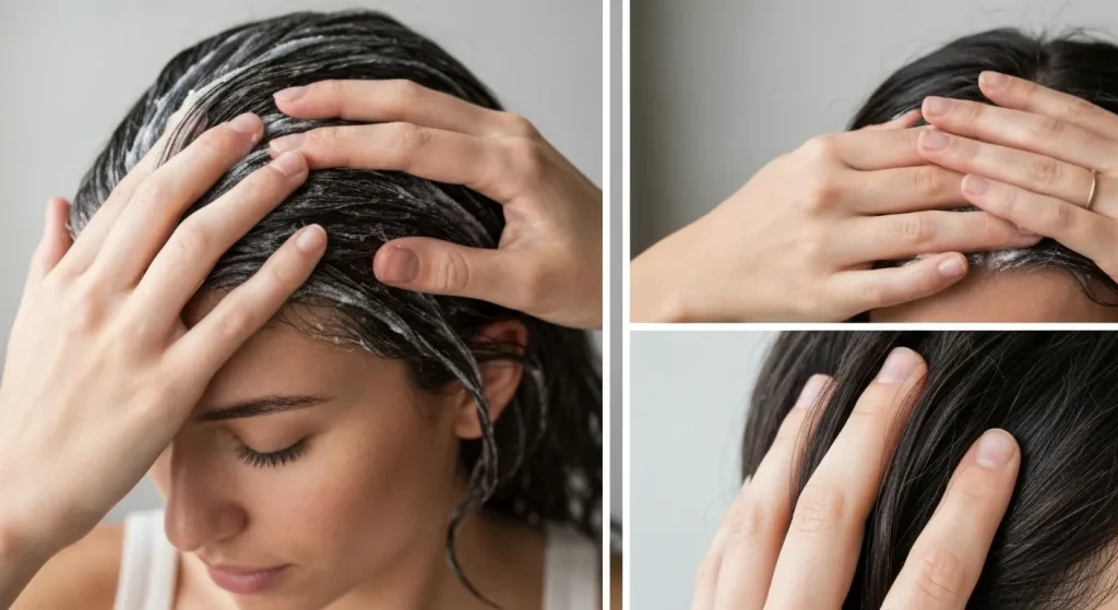 O persoană aplică un scrub exfoliant pe scalp, folosind un amestec de ulei de măsline, zahăr și ulei esențial de mentă.