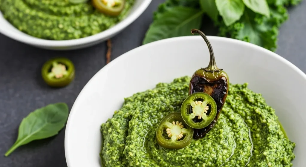 O fotografie cu un pesto verde vibrant, făcut din verdețuri de iarnă, nuci, brânză și ardei jalapeno copt, prezentat într-un bol.