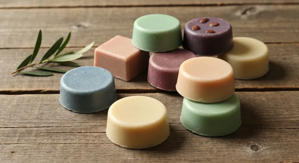 Un șampon solid natural, făcut manual, se află într-o formă de silicon.