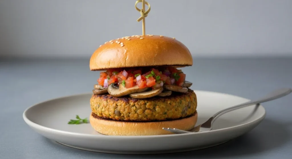 Un burger vegetarian perfect format, cu garnituri colorate și texturate.