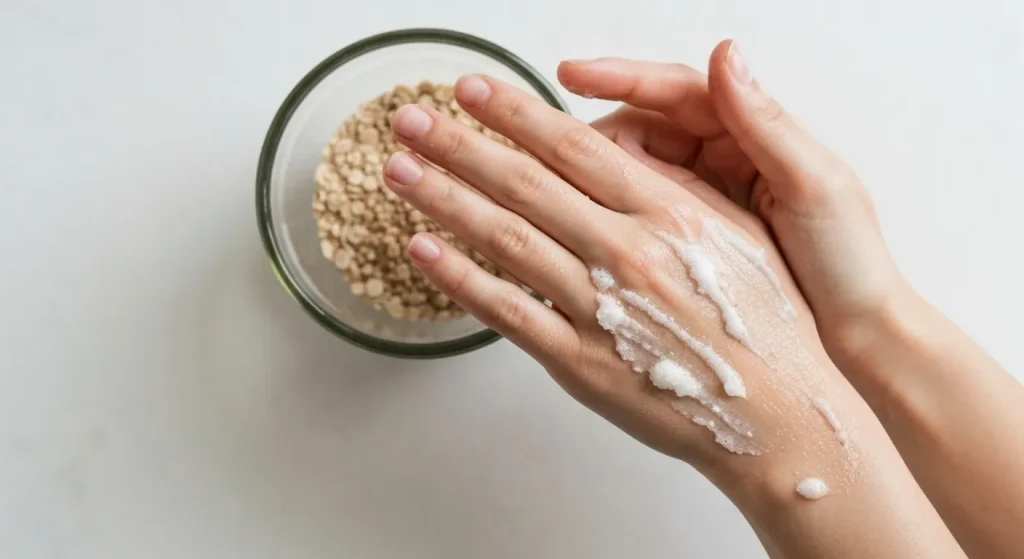 Un scrub de zahăr homemade aplicat pe piele în mișcări circulare.