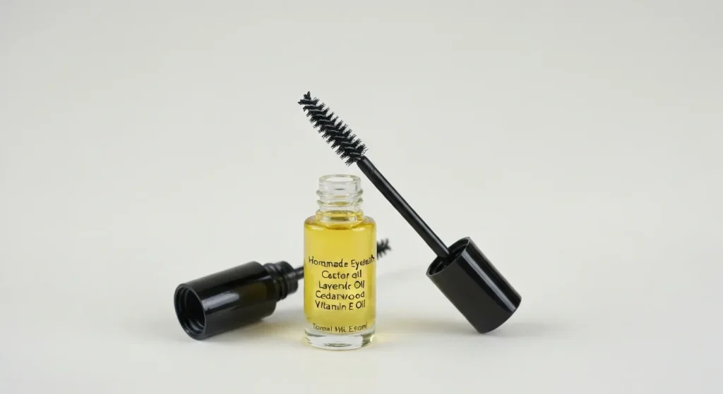 Un flacon mic cu un amestec de ulei de ricin, uleiuri esențiale și ulei de vitamina E, alături de o baghetă aplicatoare.