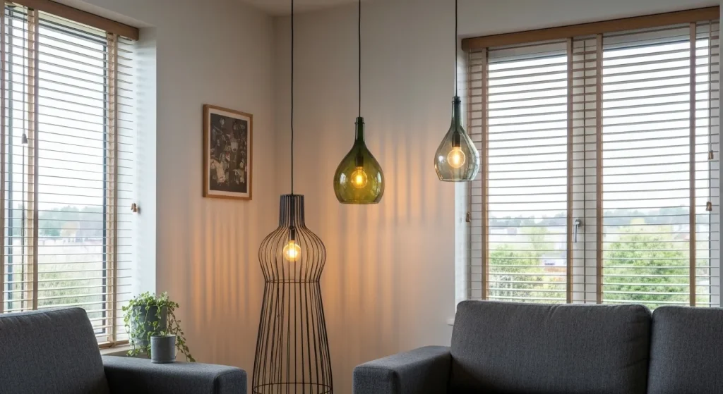 Corpuri de iluminat moderne din materiale reciclate, cu becuri LED, într-o încăpere luminoasă.