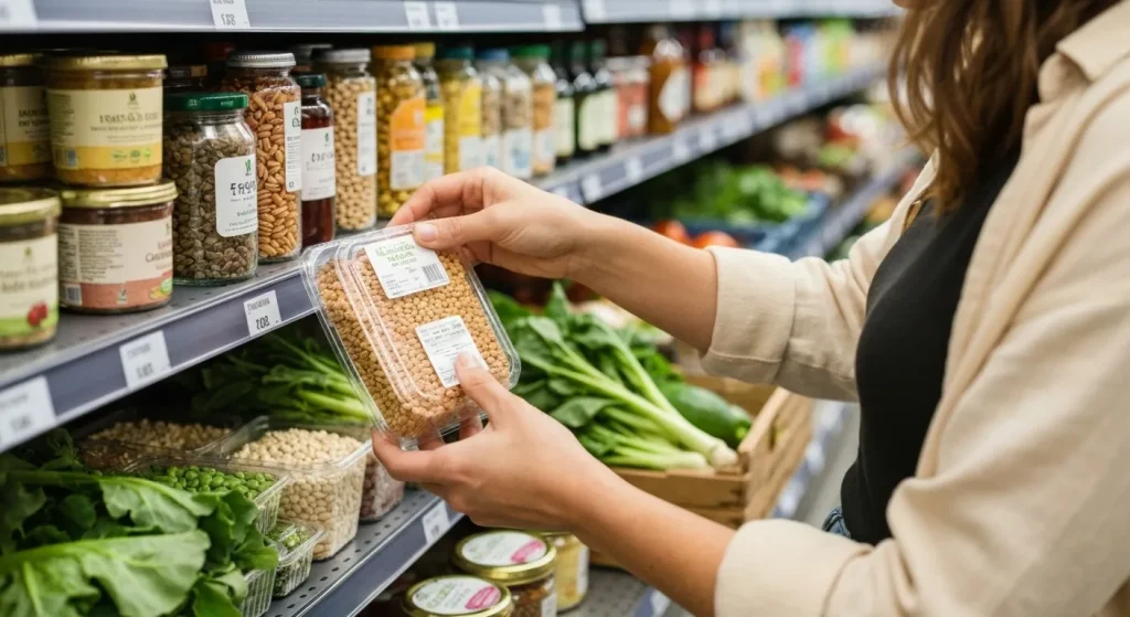 O femeie examinează cu atenție etichetele de pe produse alimentare din magazin, alegând legume proaspete și produse sustenabile.