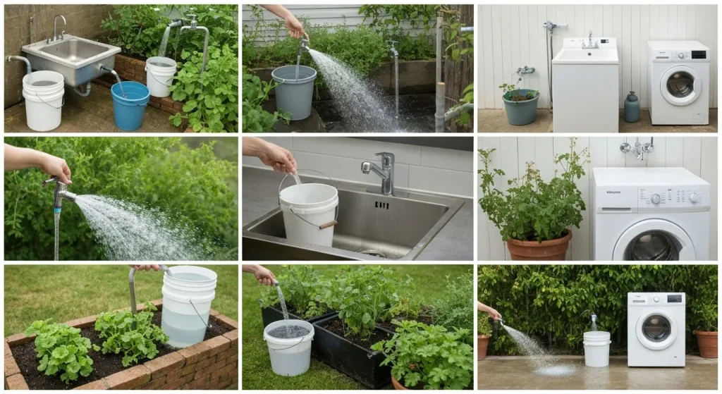 Diverse metode DIY de colectare a apei gri (de la chiuvete, dușuri, mașini de spălat) în găleți și recipiente pentru udarea plantelor.