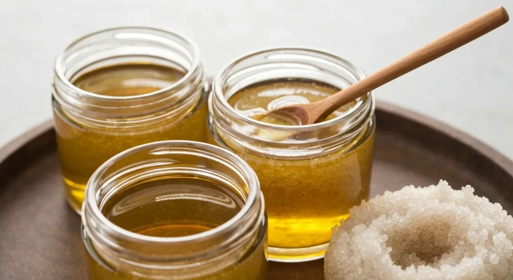 Un amestec de uleiuri de ricin, argan și din semințe de măceș într-un recipient din sticlă.