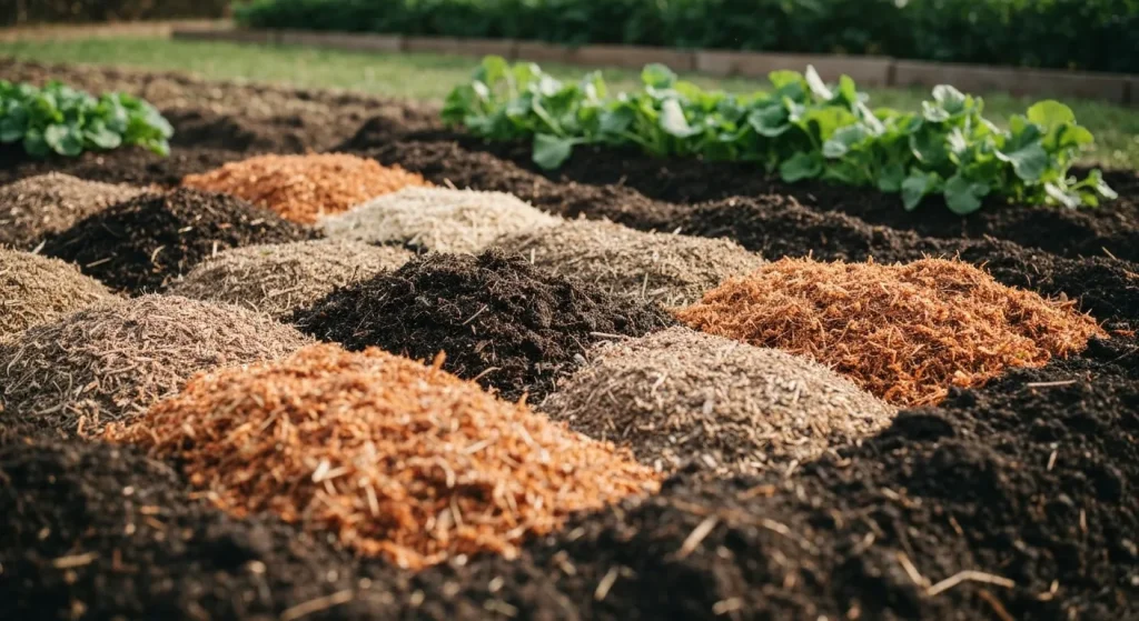 Paturi de grădină acoperite cu materiale de compost pentru iarnă.