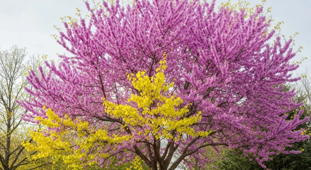 Un arbore Redbud de Est matur, cu flori roz-purpurii și o coroană în formă de vază.
