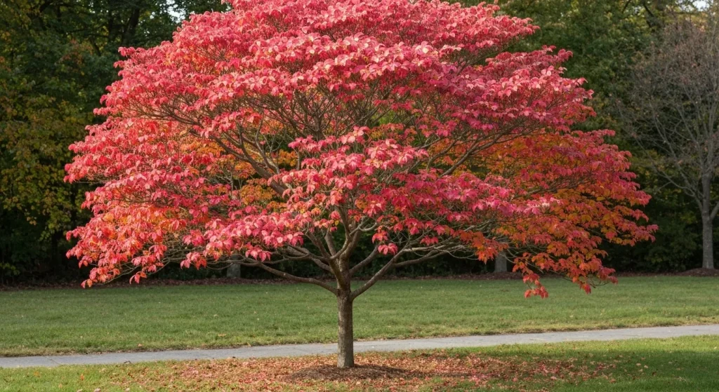 Un copac Cornus florida cu flori roz și frunze roșii de toamnă.
