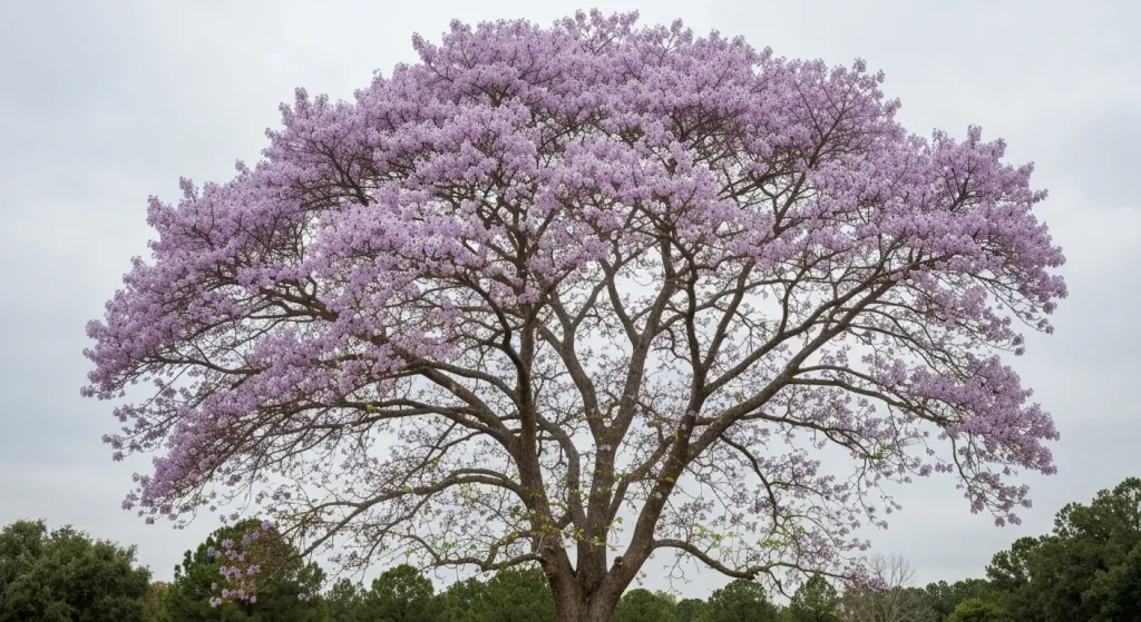 Un arbore Paulownia tomentosa cu flori lavandă, frunze mari în formă de inimă și o siluetă neregulată.