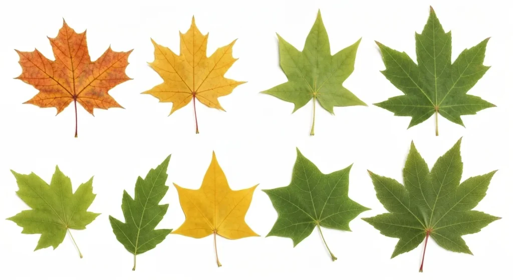 Frunze de arțar, platan, plop galben și lichidambar, evidențiind diferențele în formă și aranjament.