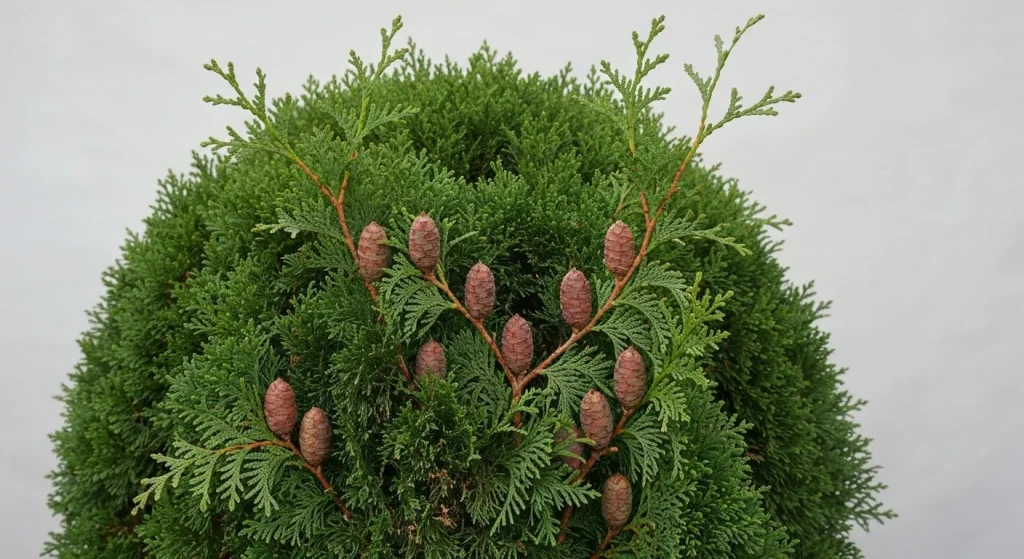 Un arbore Thuja occidentalis, cu ramuri plate și frunze solzoase, și conuri mici, roșu-maronii.