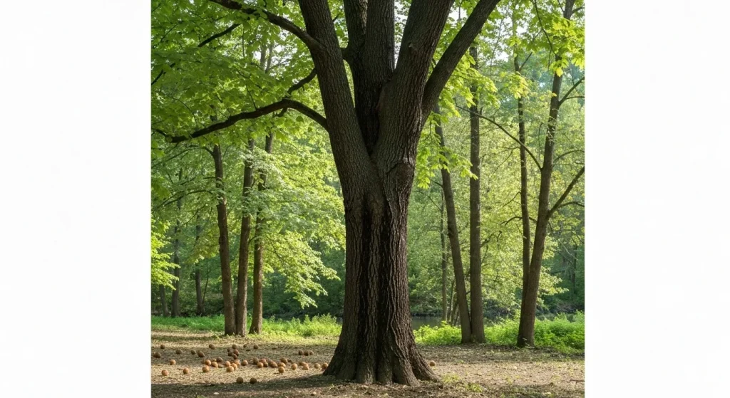 Un nuc negru matur într-un peisaj riparian, cu scoarță brazdată, frunze verzi și nuci căzute la pământ.