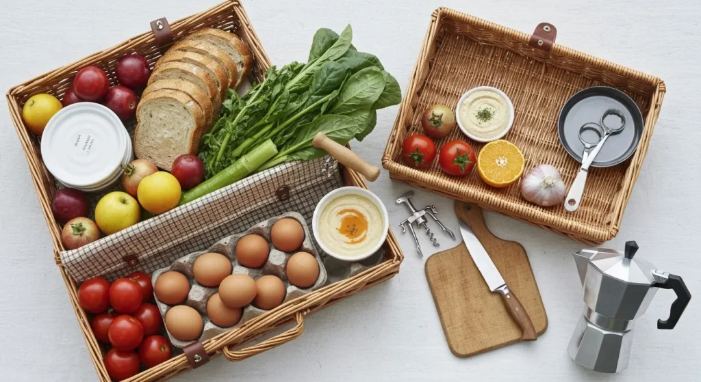 O masă rustică, cu ouă, pâine, hummus, legume și fructe proaspete, alături de un cuțit ascuțit și o râșniță de piper.