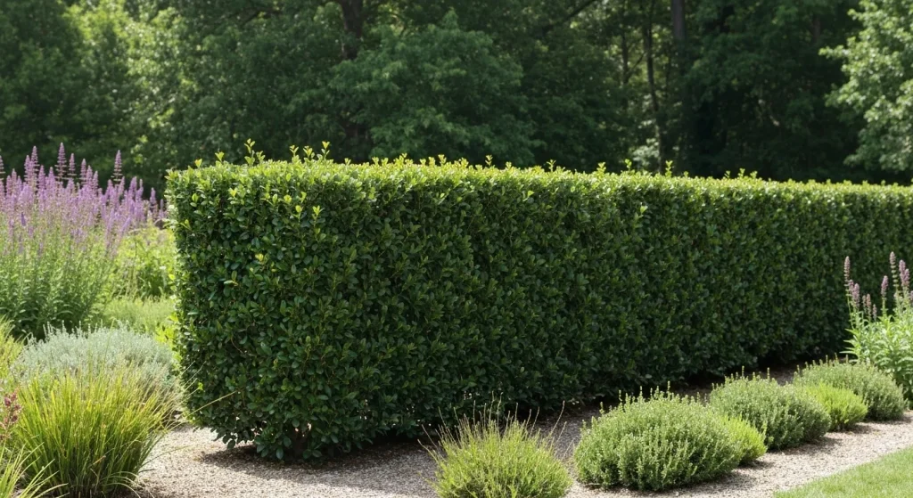 Un arbust de Ilex vomitora (Yaupon Holly) tuns cu grijă, într-o grădină formală, alături de alte plante native.