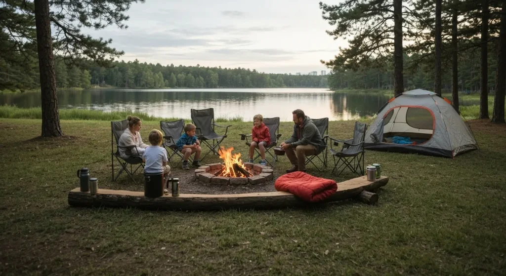 O familie se bucură de o excursie de camping auto, cu cortul amplasat lângă un lac și copaci în apropiere.