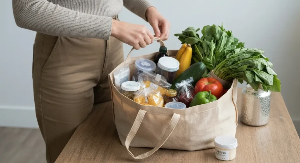 O persoană umple o pungă reutilizabilă cu produse proaspete și alte bunuri alimentare la un magazin local, evitând ambalajele din plastic.